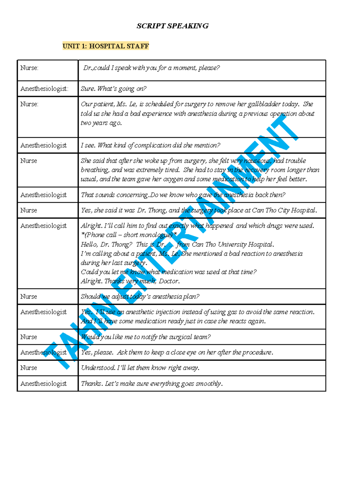 SCRIPT SPEAKING UNIT 1-8: HOSPITAL SCENARIOS AND NURSING INTERVIEWS ...