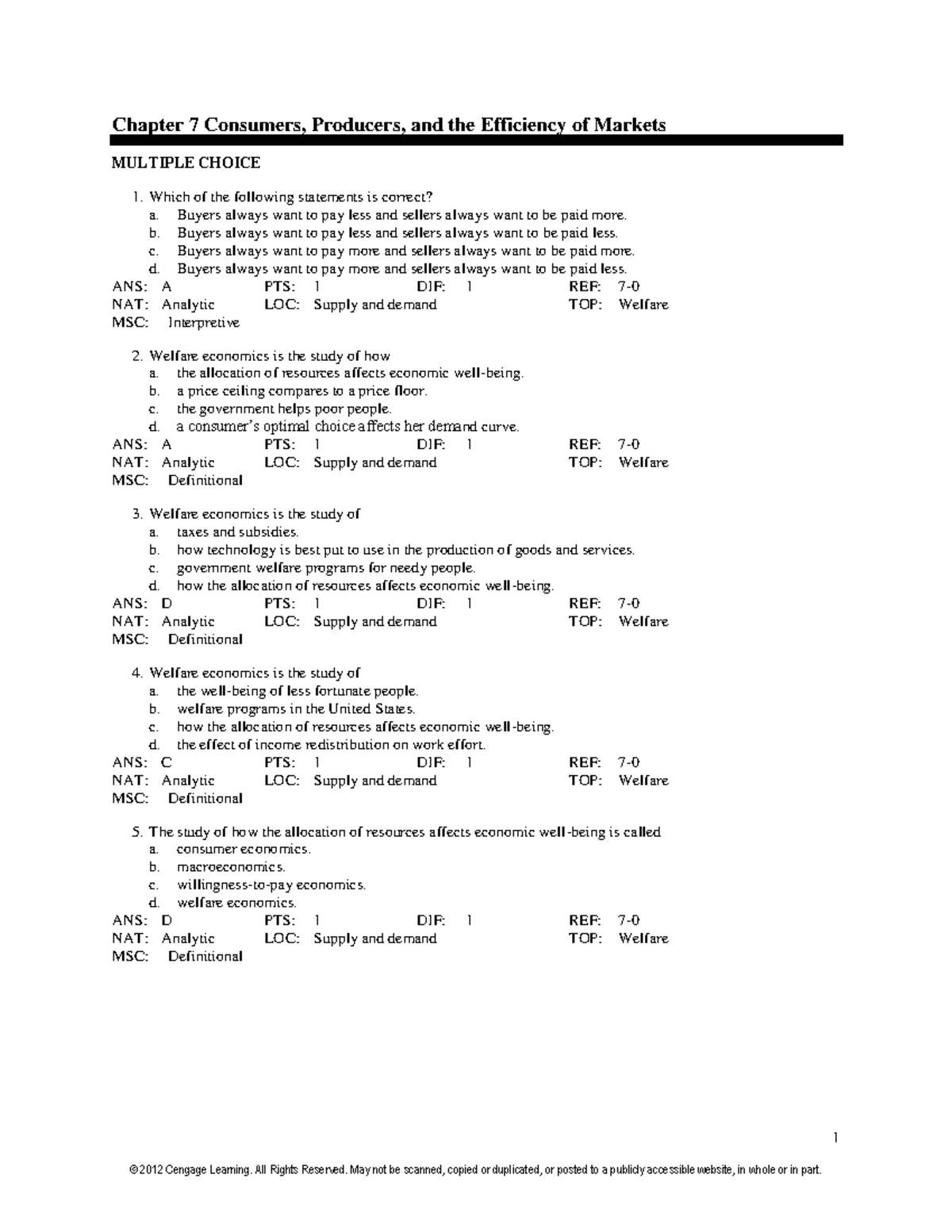 Microeconomics Chapter 7 - 1 Chapter 7 Consumers, Producers, and the ...