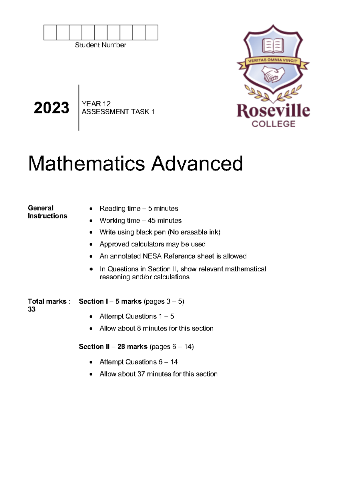 2023 Year 12 Advanced Mathematics Task 1 Final Exam Guide - Studocu