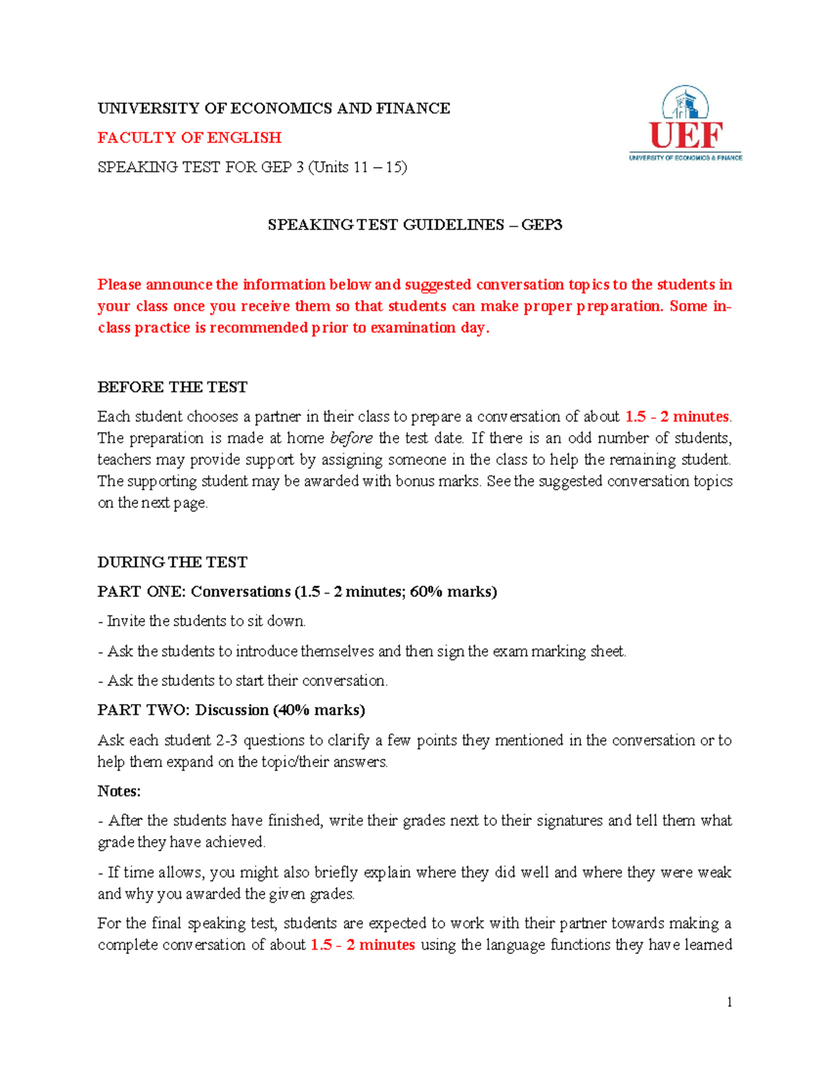 GEP 3 Speaking Test Guidelines: Units 11-15 Preparation - Studocu
