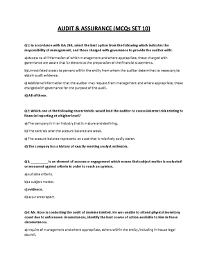 AUDIT ASSURANCE (AUD 101) MCQs SET 4: Key Concepts & Questions - Studocu
