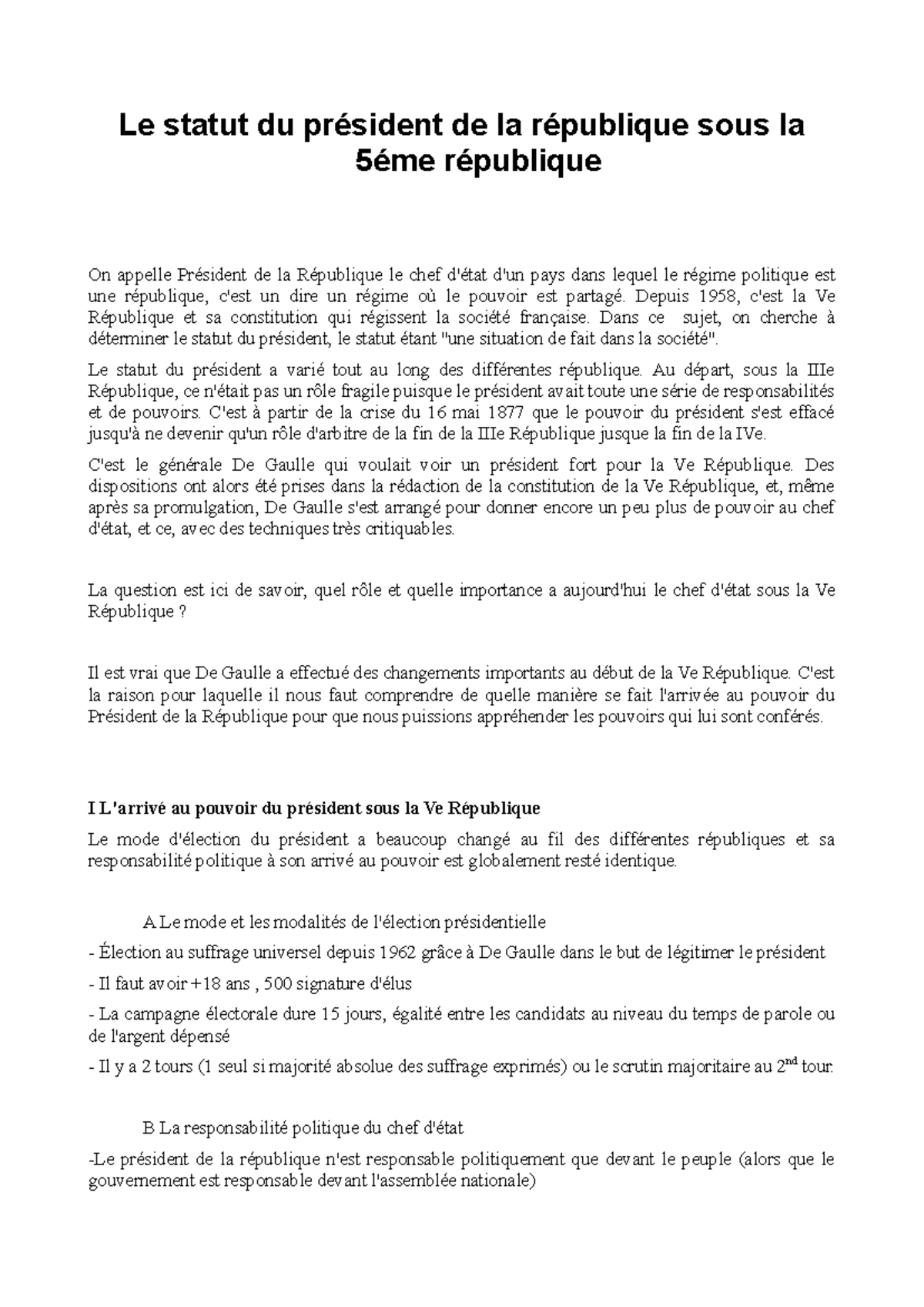 Le rôle et les pouvoirs du Président sous la Ve République - Studocu