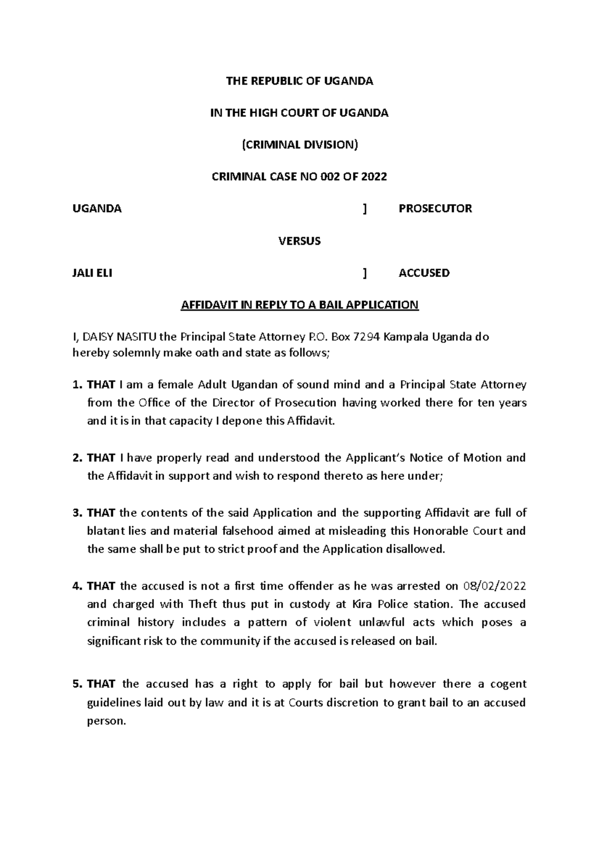 Affidavit in Reply to Bail Application in Criminal Case No. 002/2022 ...