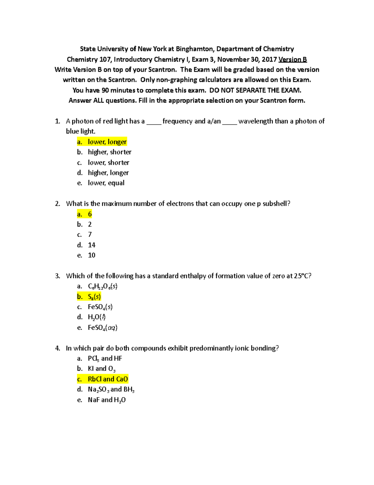 CHEM107 - Fall 2017 - Introductory Chemistry I Exam 3 Answer Key - Studocu