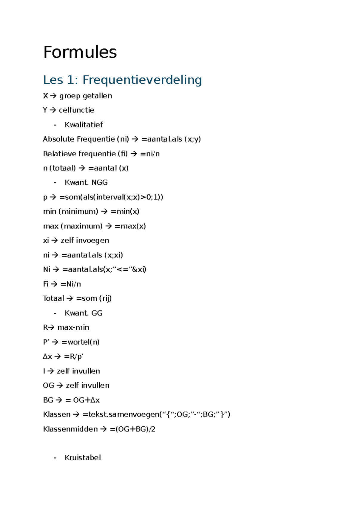 Formules Les 1: Frequentieverdeling en Grafische Voorstelling - Studocu