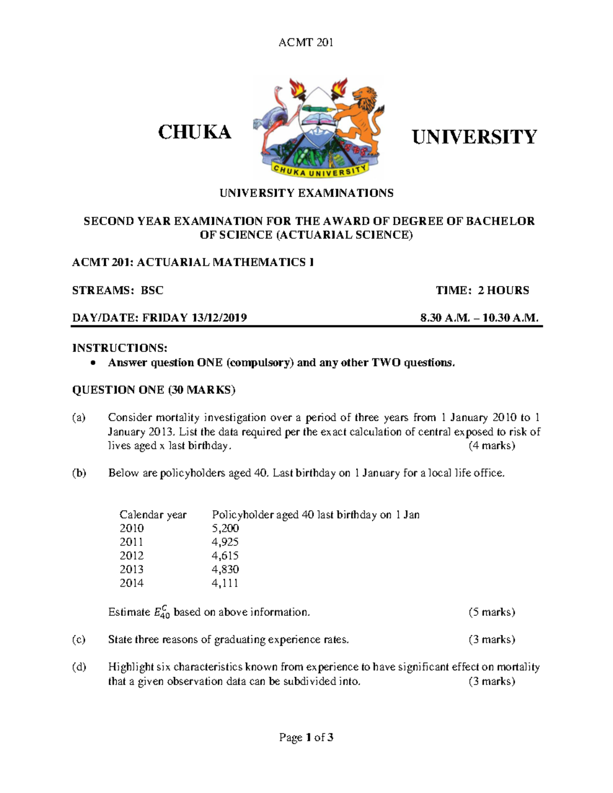 ACMT 201: Actuarial Mathematics I - Final Exam Notes - Studocu
