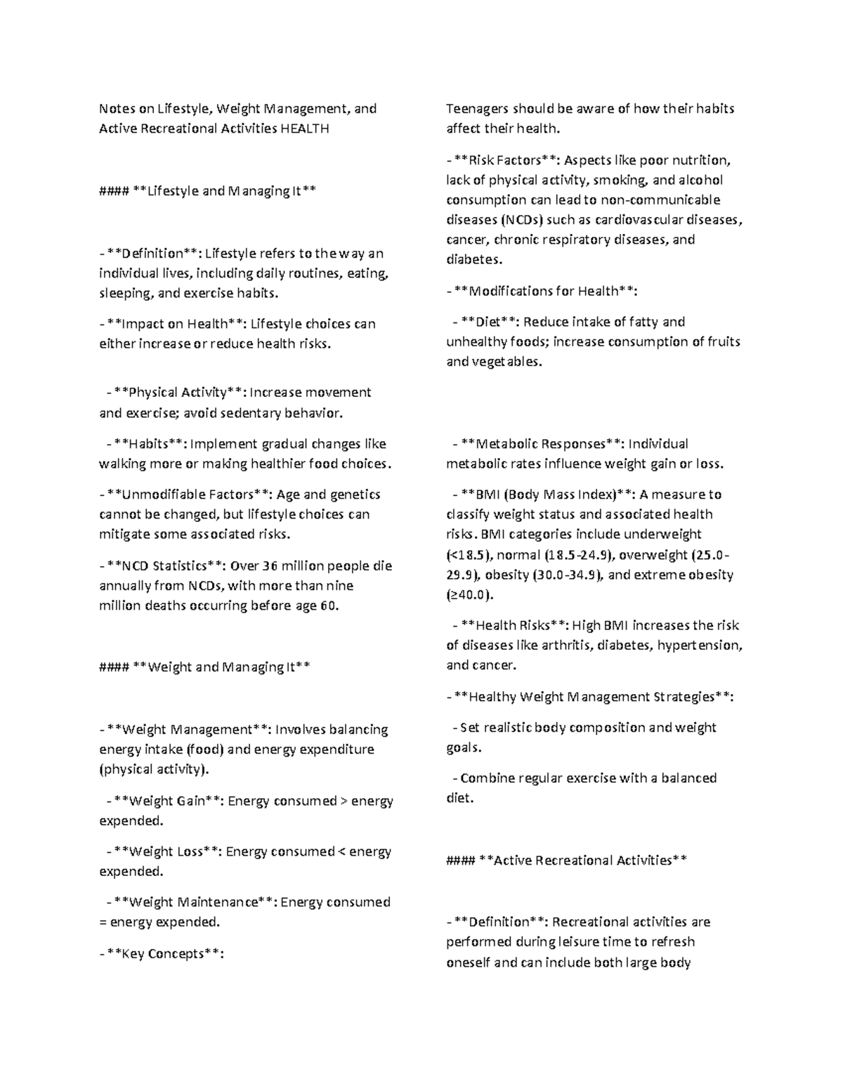HEALTH 101: Notes on Lifestyle, Weight Management & Recreation - Studocu