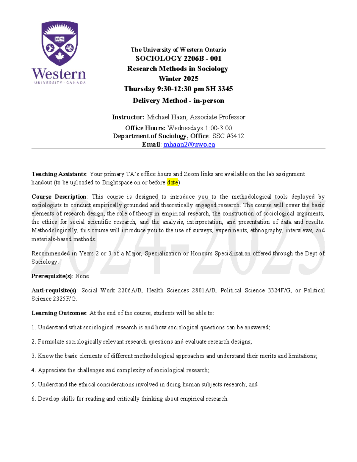 Sociology 2206B - 001 Research Methods Syllabus Winter 2025 - Studocu