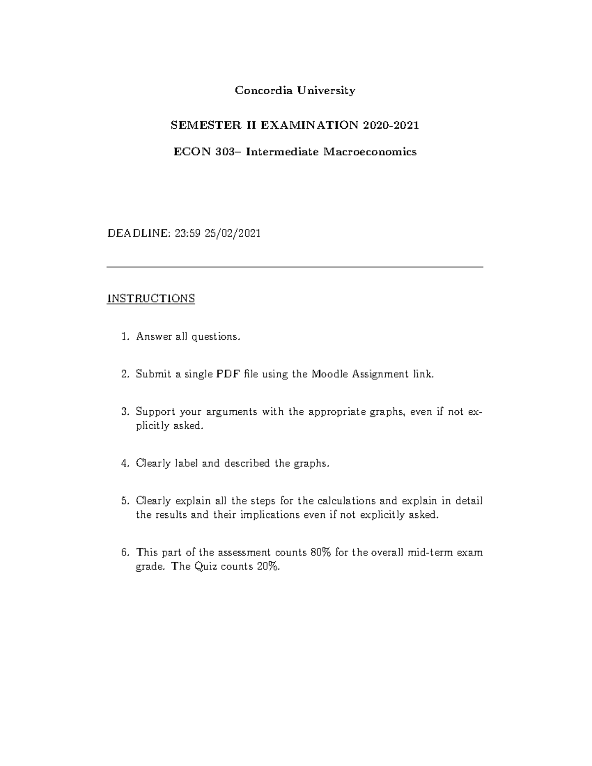 Final Exam - Econ 303 Concordia Intermediate Macroeconomics Answers ...