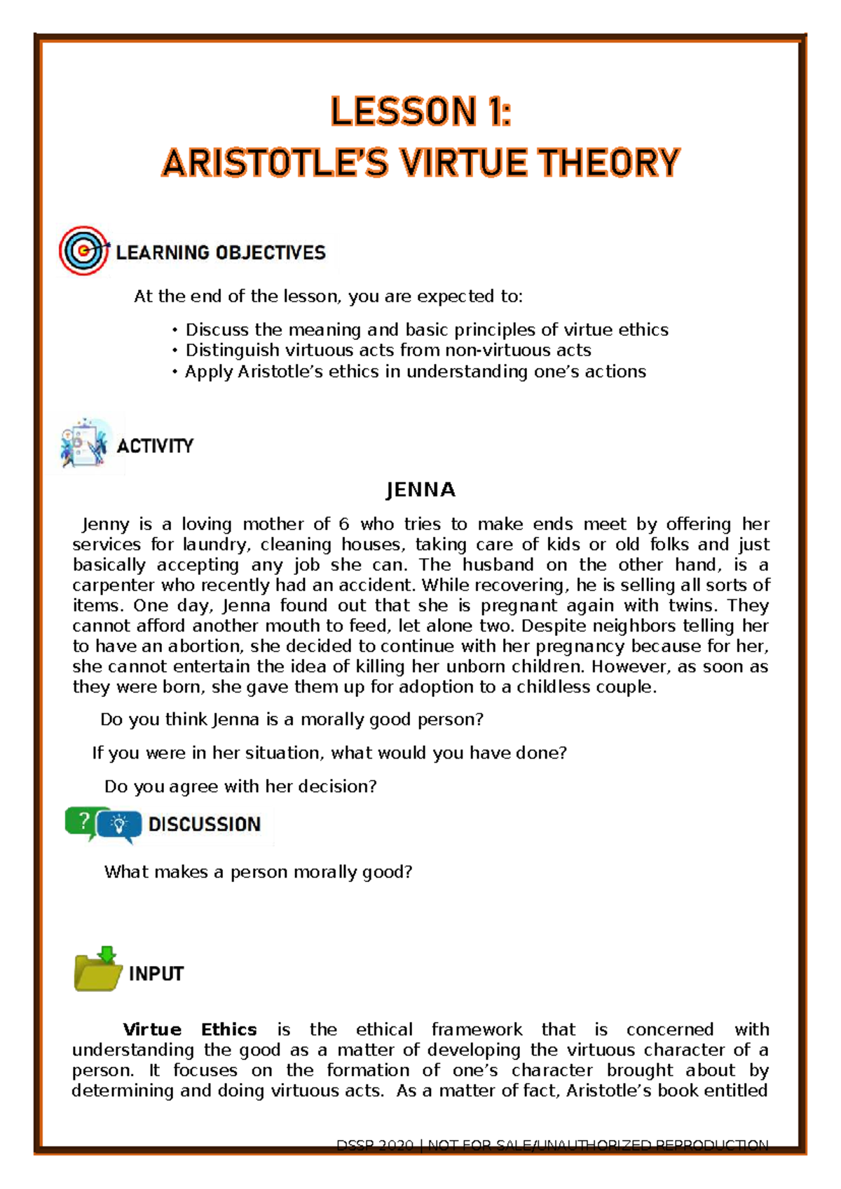 Lesson 1: Aristotle and Virtue Ethics (DSSP 2020) - Studocu