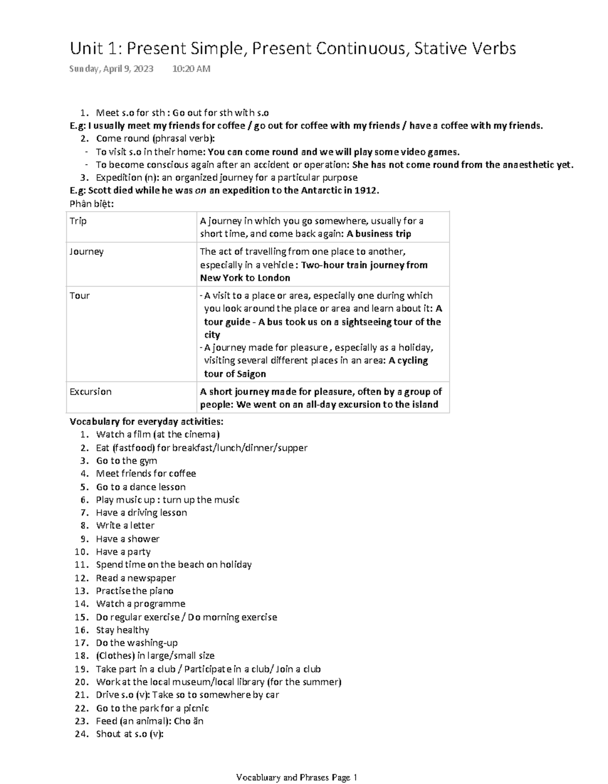 Unit 1: Present Simple, Continuous & Stative Verbs - Vocabulary Notes ...