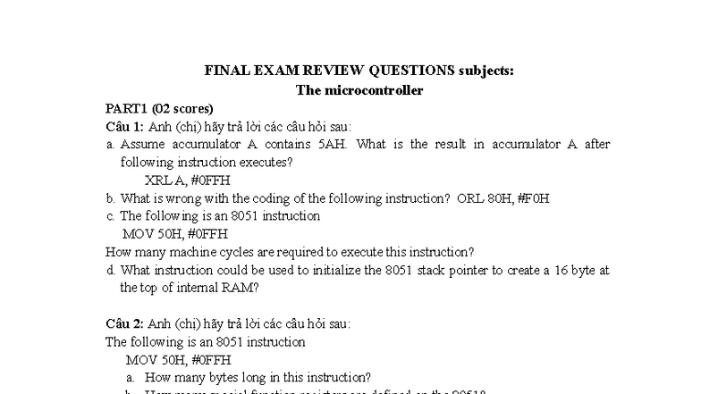 FINAL EXAM REVIEW QUESTIONS: Microcontroller 8051 Part 1 & 2 - Studocu
