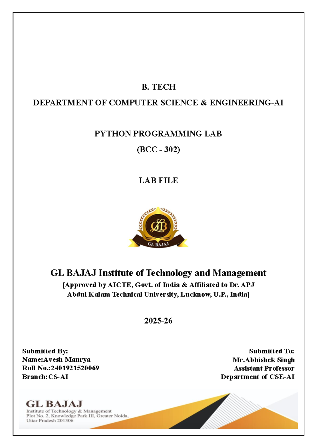Python Programming Lab File (BCC 302) - Experiment Details - Studocu