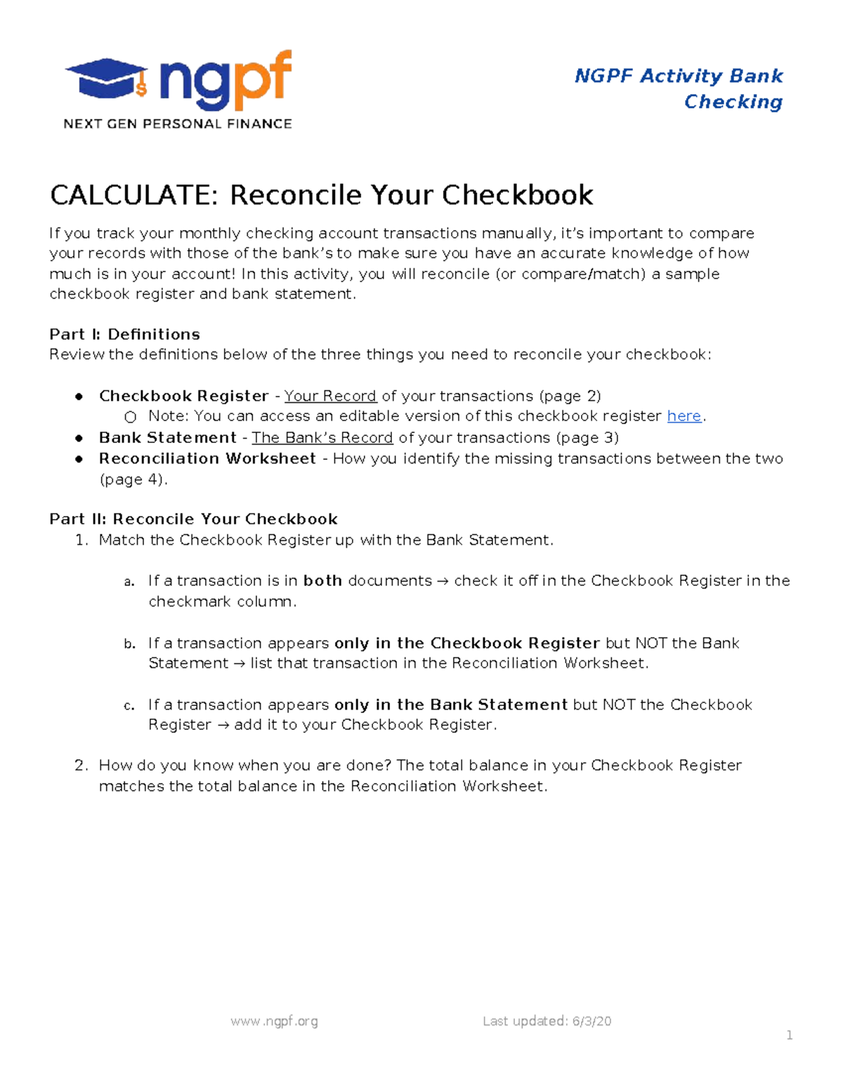 Reconcile Checkbook - mmk,,kk k - NGPF Activity Bank Checking CALCULATE ...
