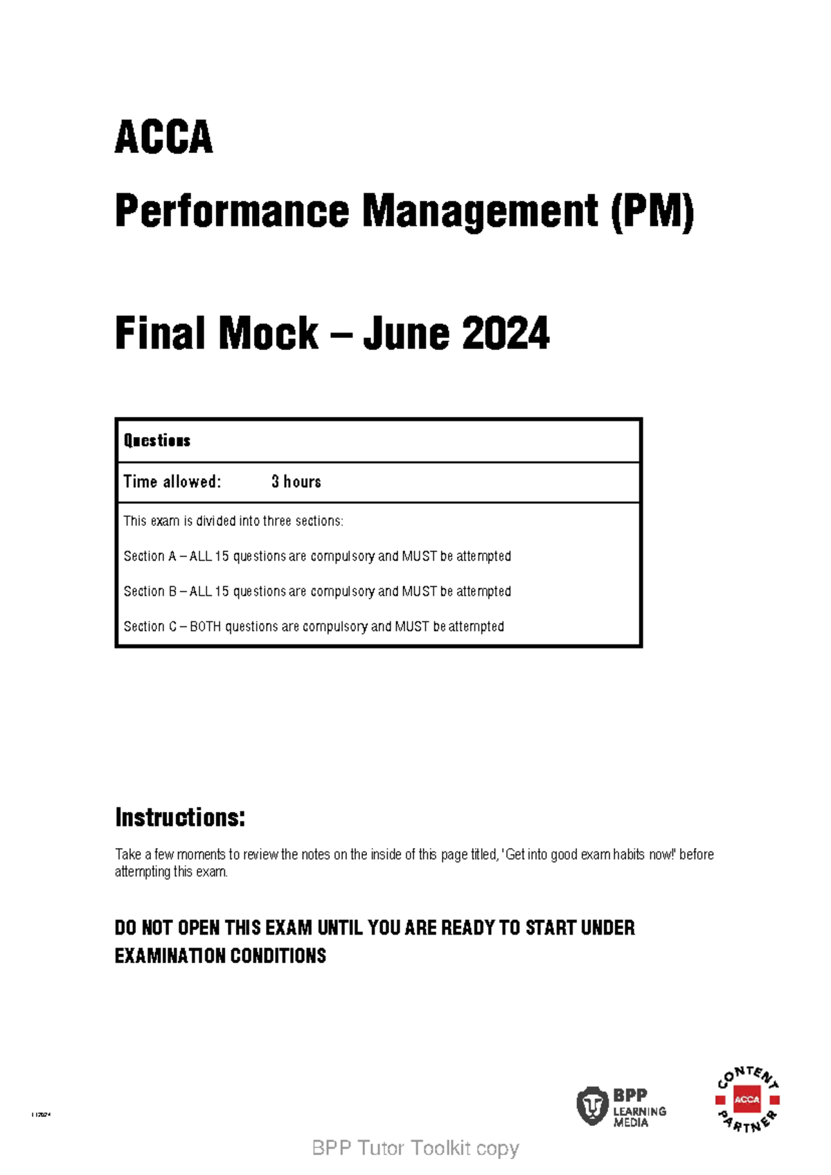 ACCA PM Final Mock Exam June 2024 Questions and Guidelines - Studocu