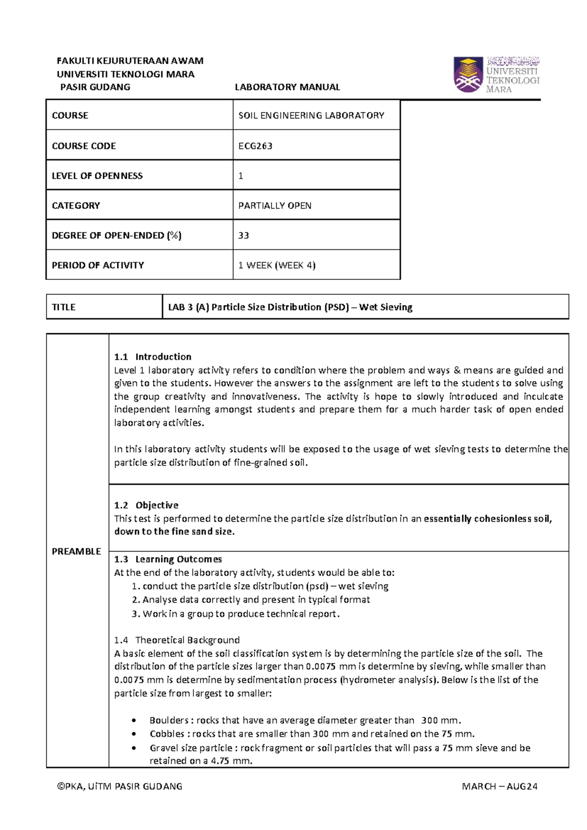 LAB 3 - Particle Size Distribution (PSD) Analysis in Soil - ECG 263 ...