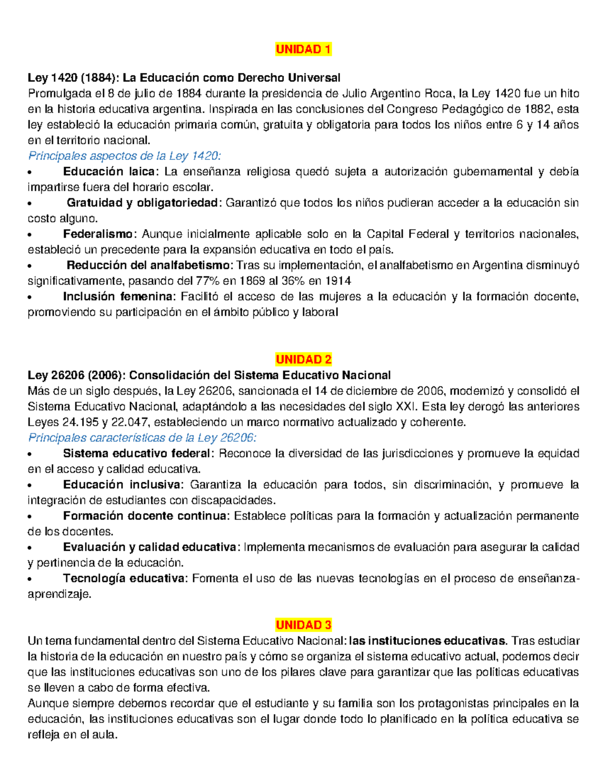 Ley 1420 y Ley 26206: Evolución de la Educación en Argentina - Studocu