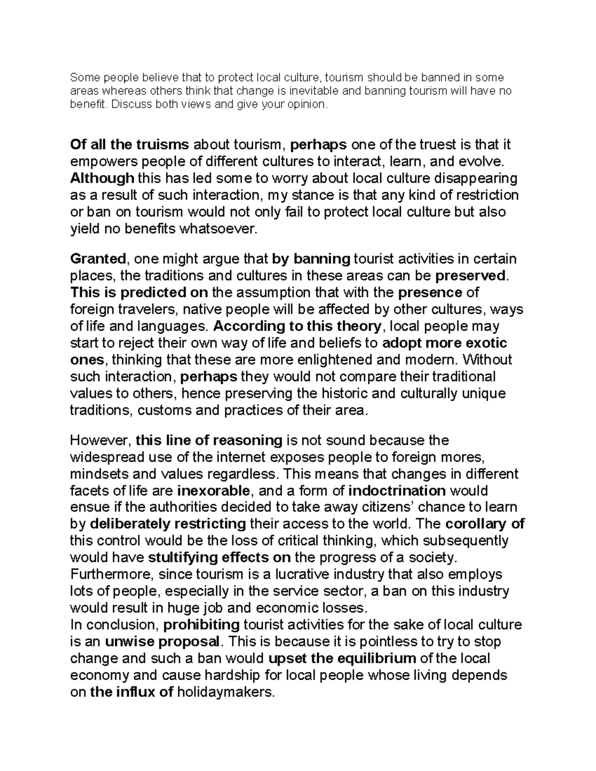 BAND 7 Writing Sample: The Impact of Tourism on Local Culture - Studocu