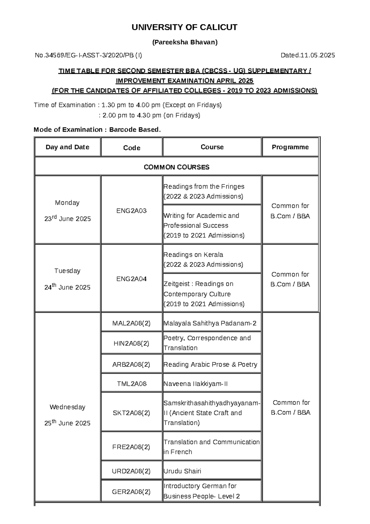 Time Table for 2nd Sem BBA (CBCSS UG) Supplementary Exams April 2025 ...