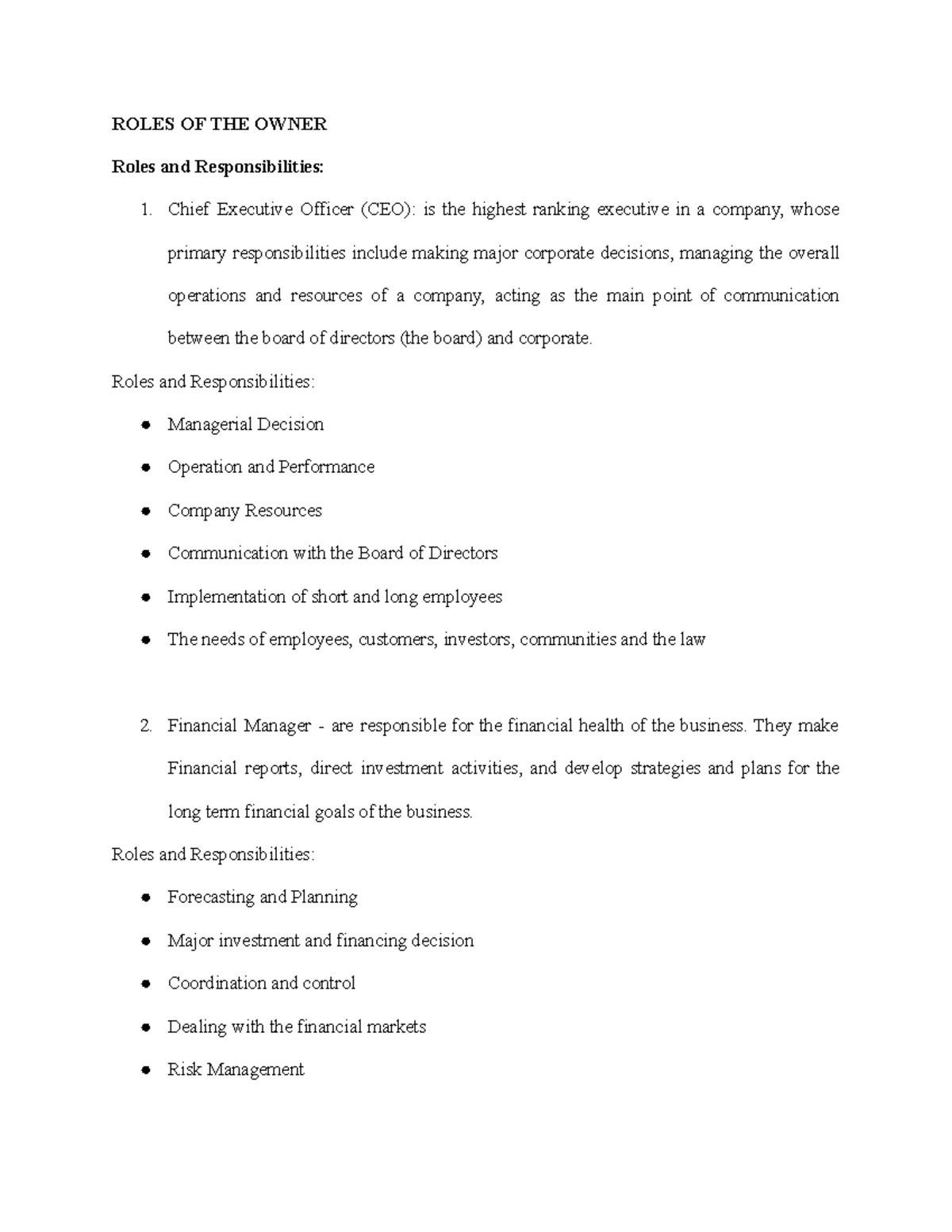 Roles and Responsibilities of Owners and Executives in Business - Studocu