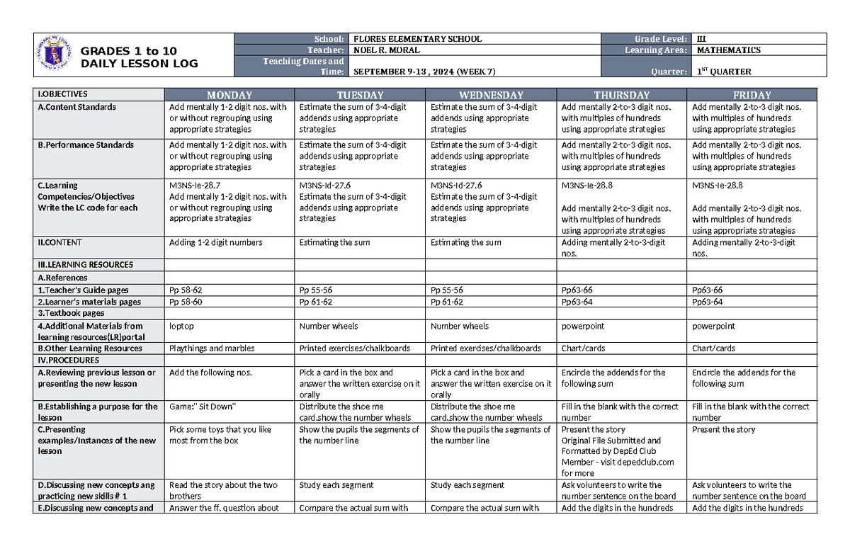 DLL Mathematics 3 Q1 W7 - Daily Lesson Log for Grade III - Studocu