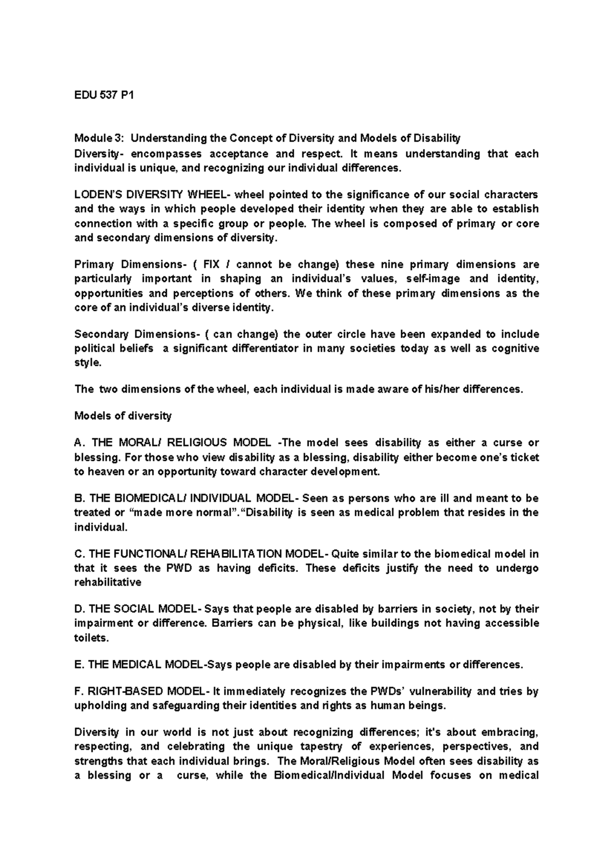EDU 537 P1 Module 3 & 4: Diversity, Disability Models & Special Ed Laws ...