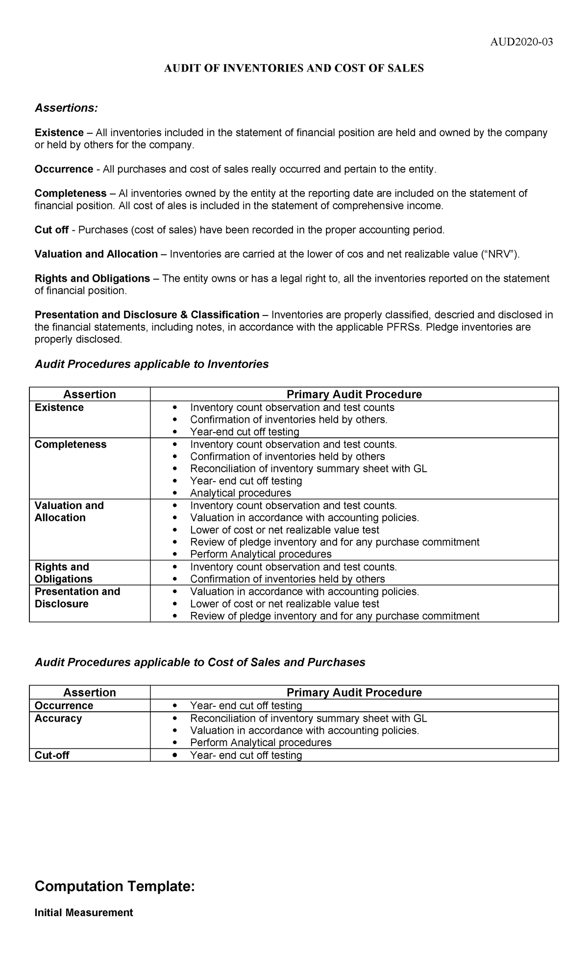 Audit of Inventories and Cost of Sales Assertions - AUD2020-03 - Studocu