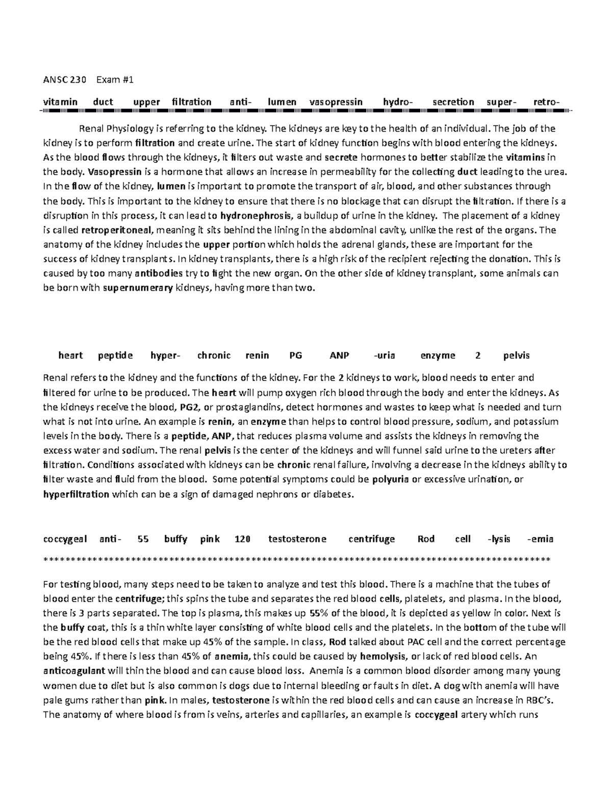ANSC 230 - Kidney Function & Blood Disorders Exam Notes - Studocu
