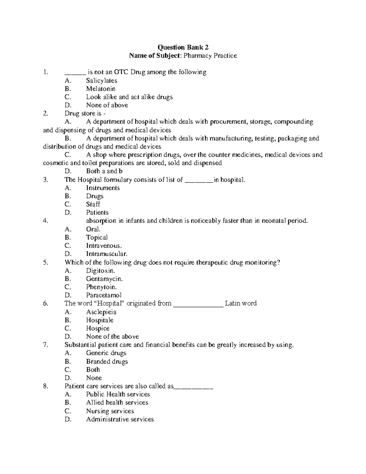 Pharmacy Practice MCQ Bank 2: Comprehensive Quiz for Students - Studocu