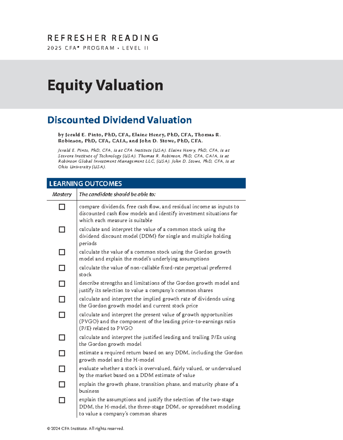 CFA 2025 Level II Refresher: Discounted Dividend Valuation Insights ...