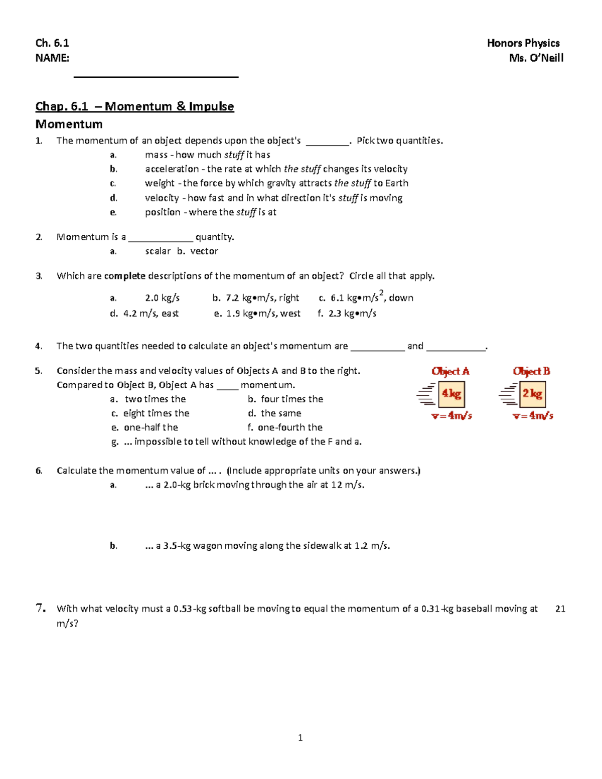 Ch. 6.1 Honors Physics - Momentum Practice Problems - Studocu