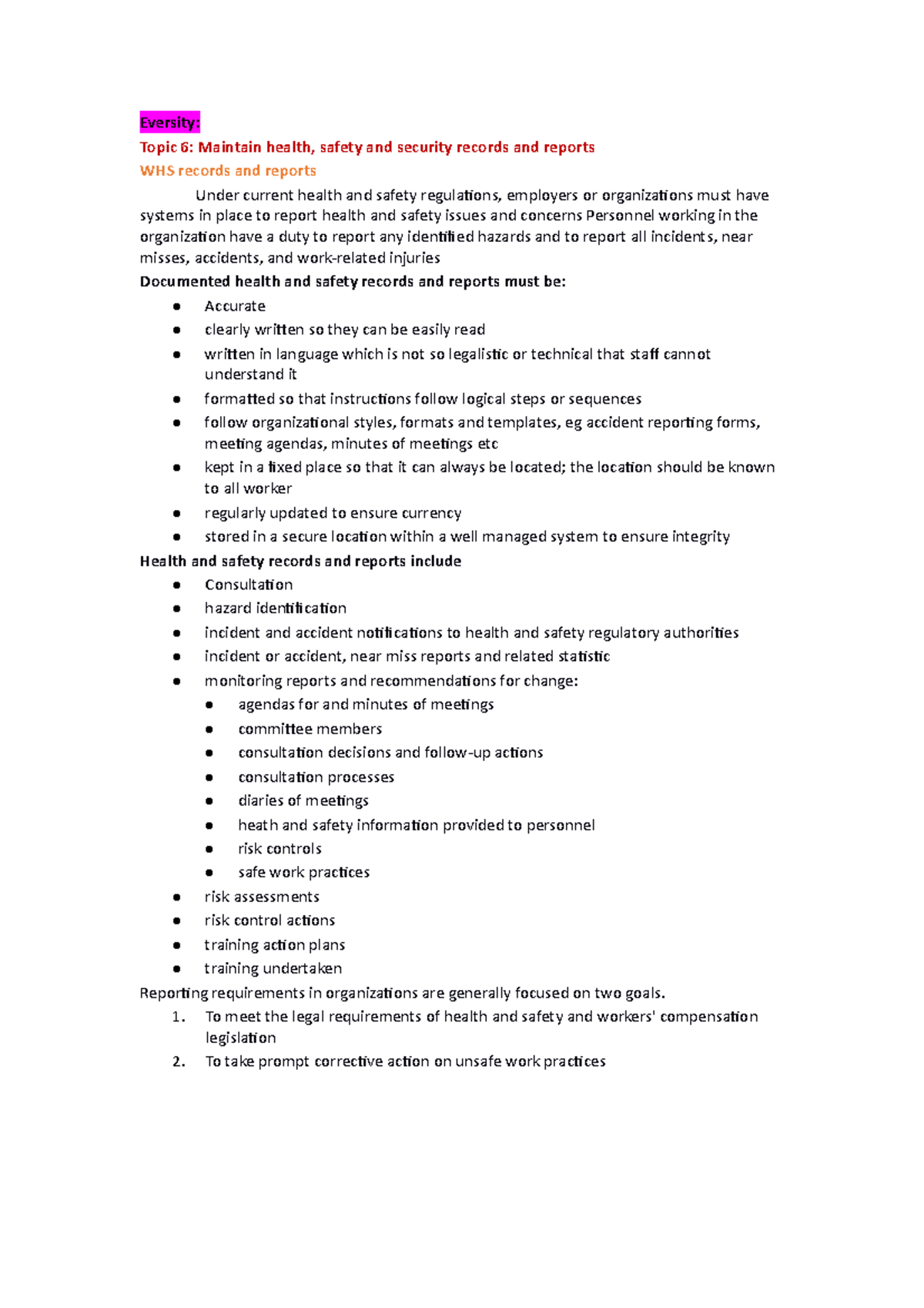 Eversity Topic 6: Maintaining Health, Safety & Security Records - Studocu