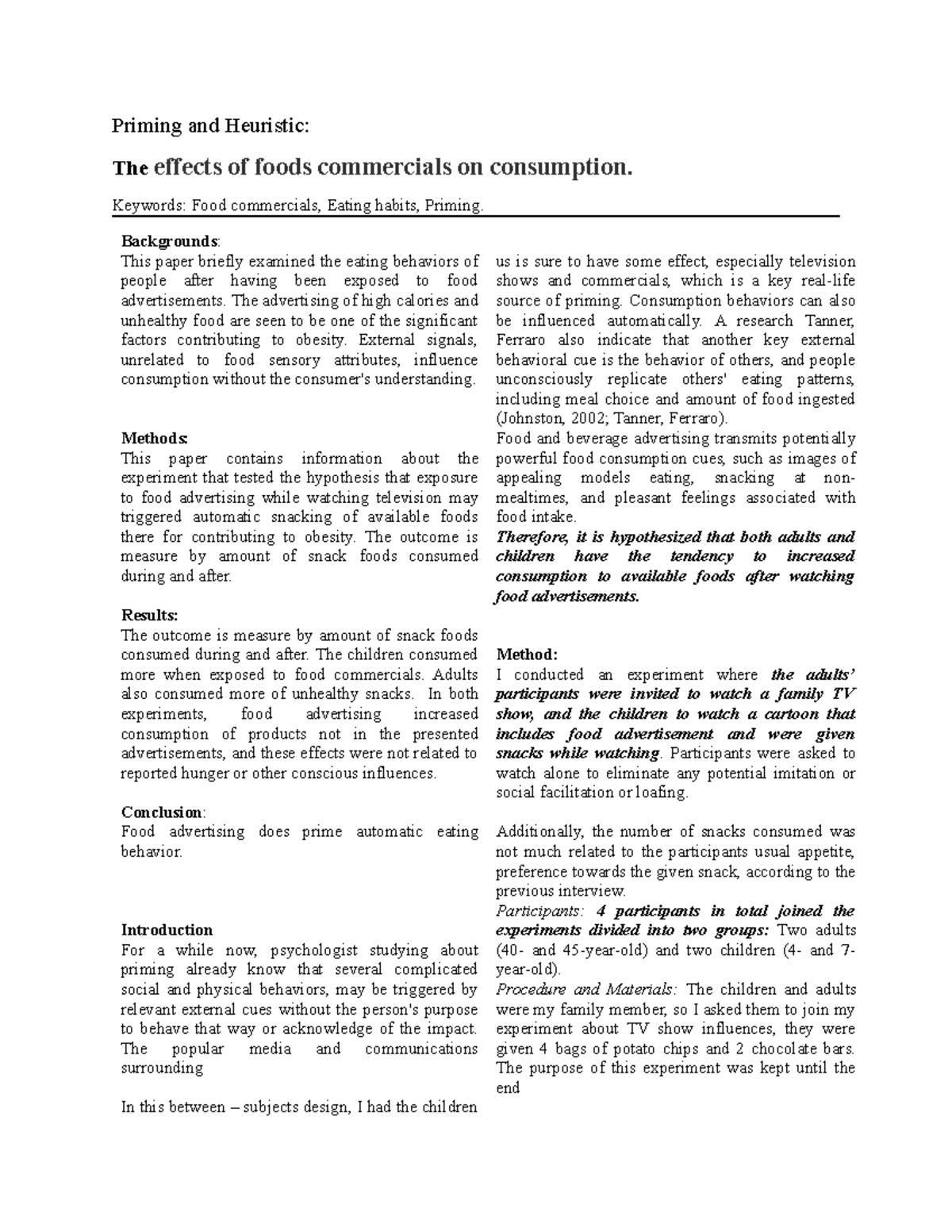 Psychology Report - Priming and Heuristic: The effects of foods ...