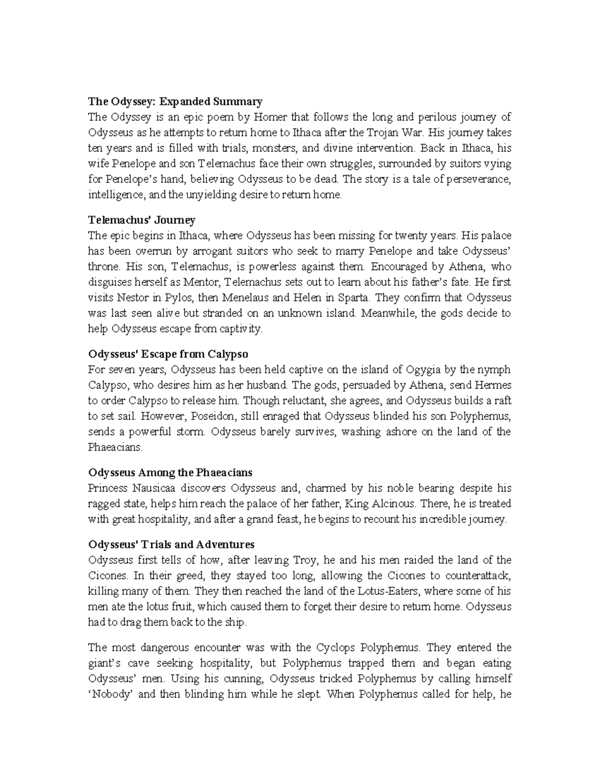 The Odyssey (ENG 101): Comprehensive Expanded Summary of the Epic Poem ...