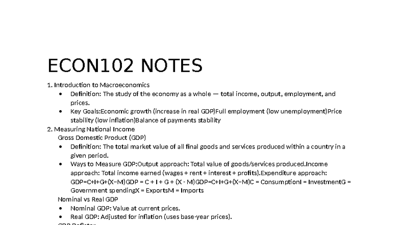 ECON102 Final Exam Notes: Key Concepts in Macroeconomics - Studocu