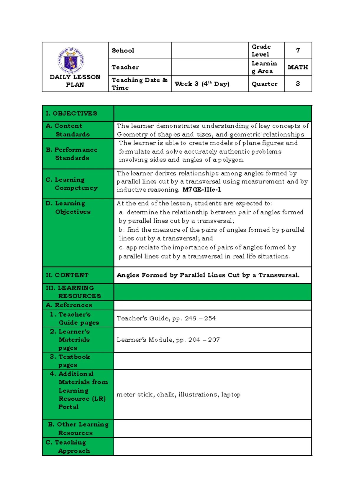 DLL Matatag MATH 7 Q1 W8 - Weekly Lesson Plan on Rational Numbers - Studocu