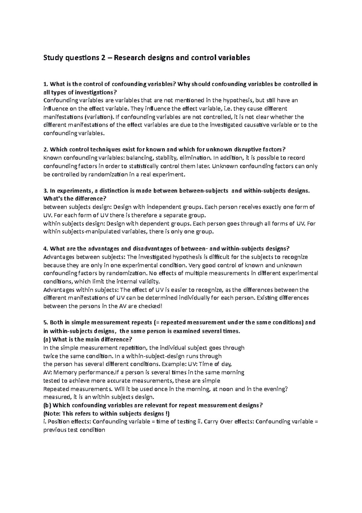 Study questions 2 - Research designs and control variables - Study ...