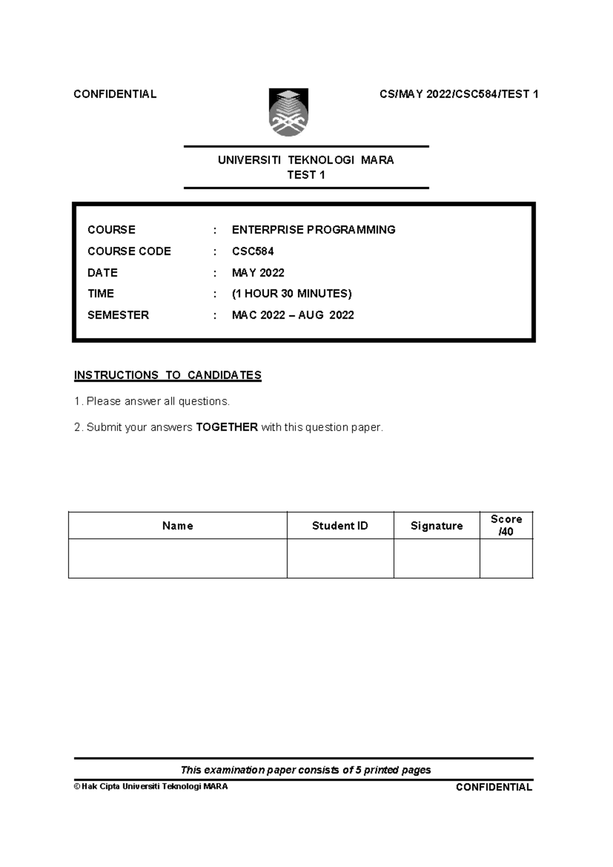 CSC584 - Enterprise Programming Test 1 - May 2022 Exam Paper - Studocu