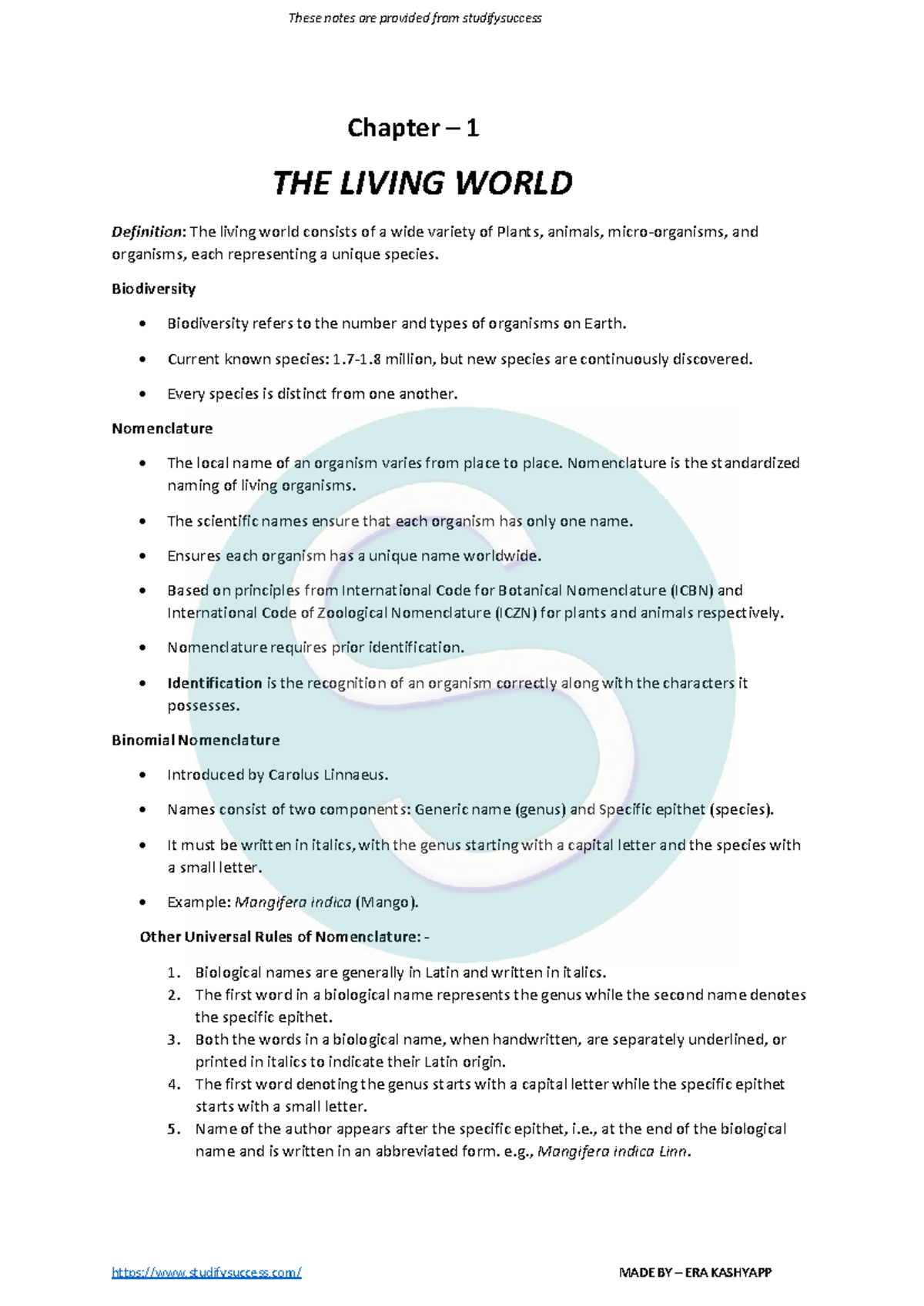 Class 11 Biology Chapter 1: The Living World Notes - Studocu