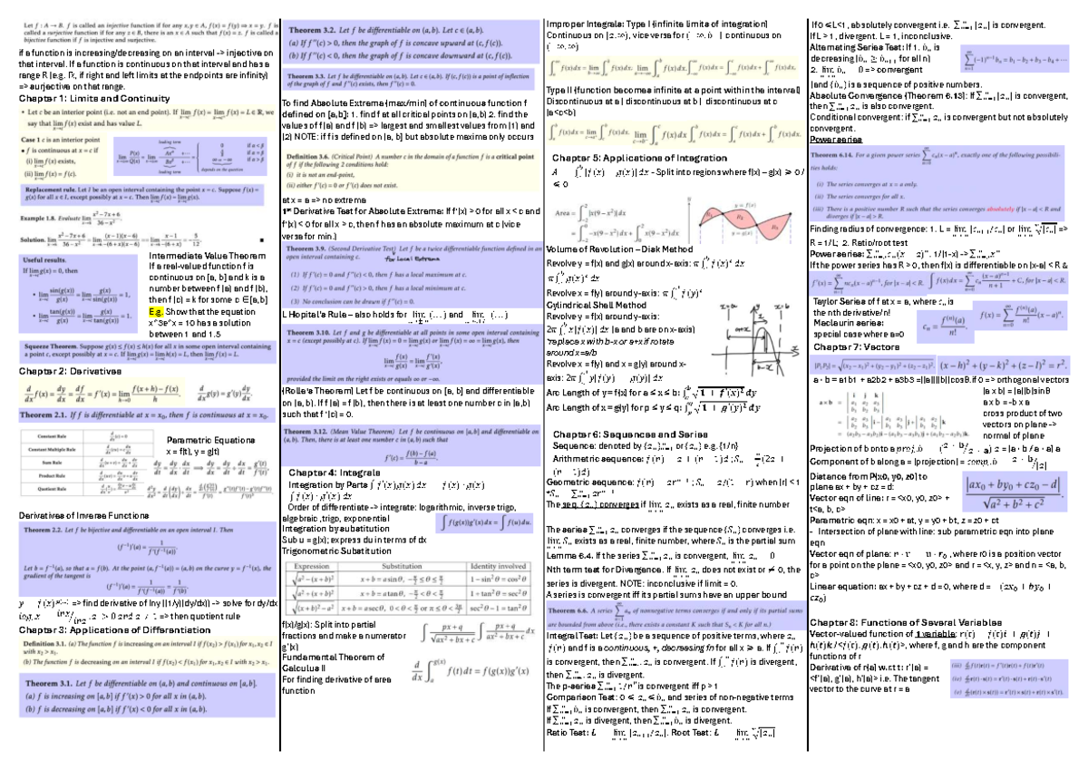 Ma1521 Cheatsheet: Improper Integrals, Limits, and Continuity - Studocu