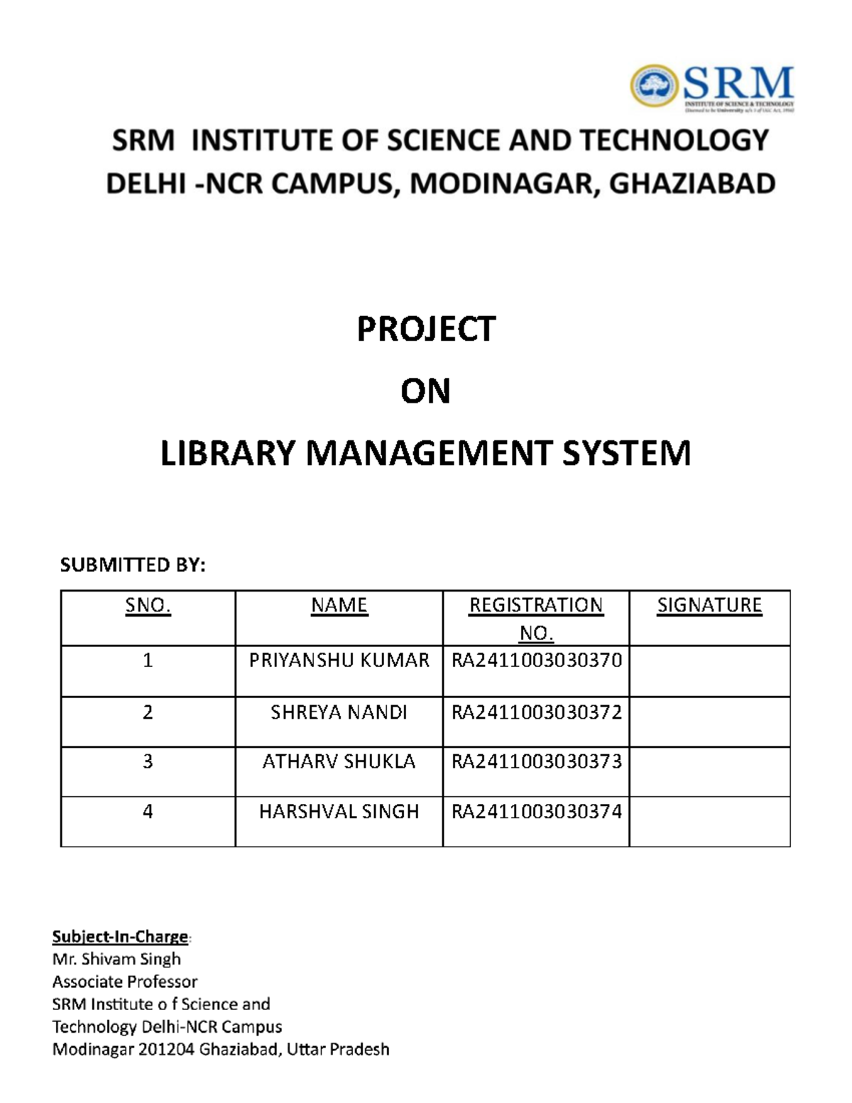 CSE Project: Library Management System Report (RA2411003030370) - Studocu