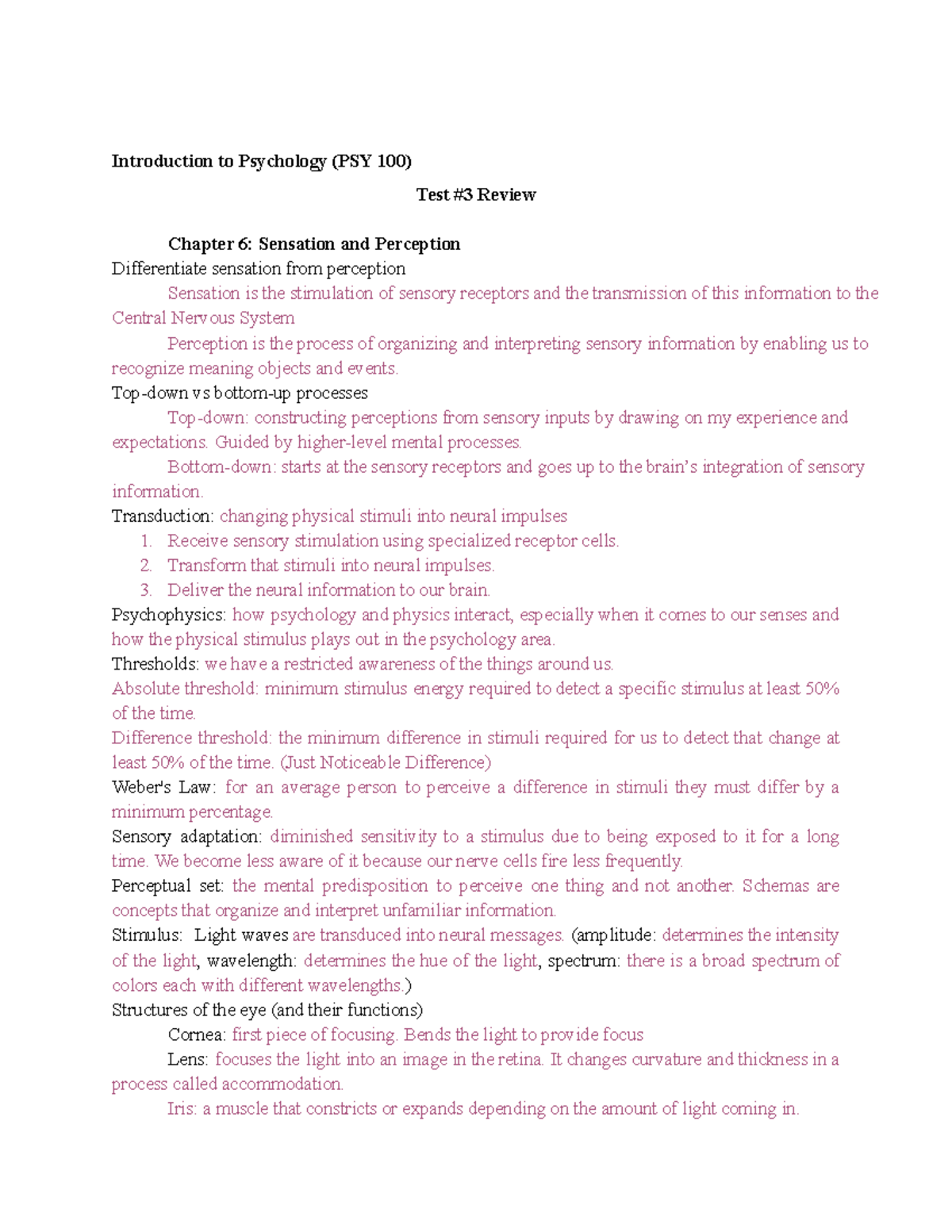 PSY100 - Exam 3 Study Guide: Sensation, Perception & Consciousness ...