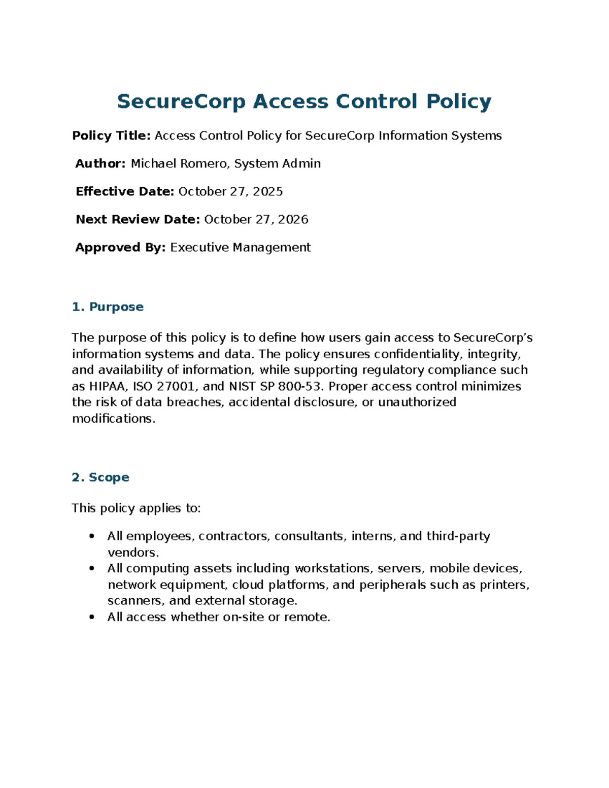 SecureCorp Access Control Policy (Course Code: Topic 5) - Studocu