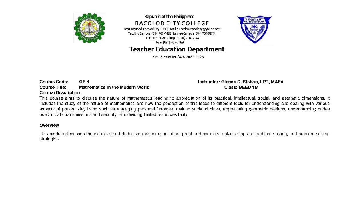 Module 2 Lecture Notes on GE 4: Mathematics in the Modern World - Studocu