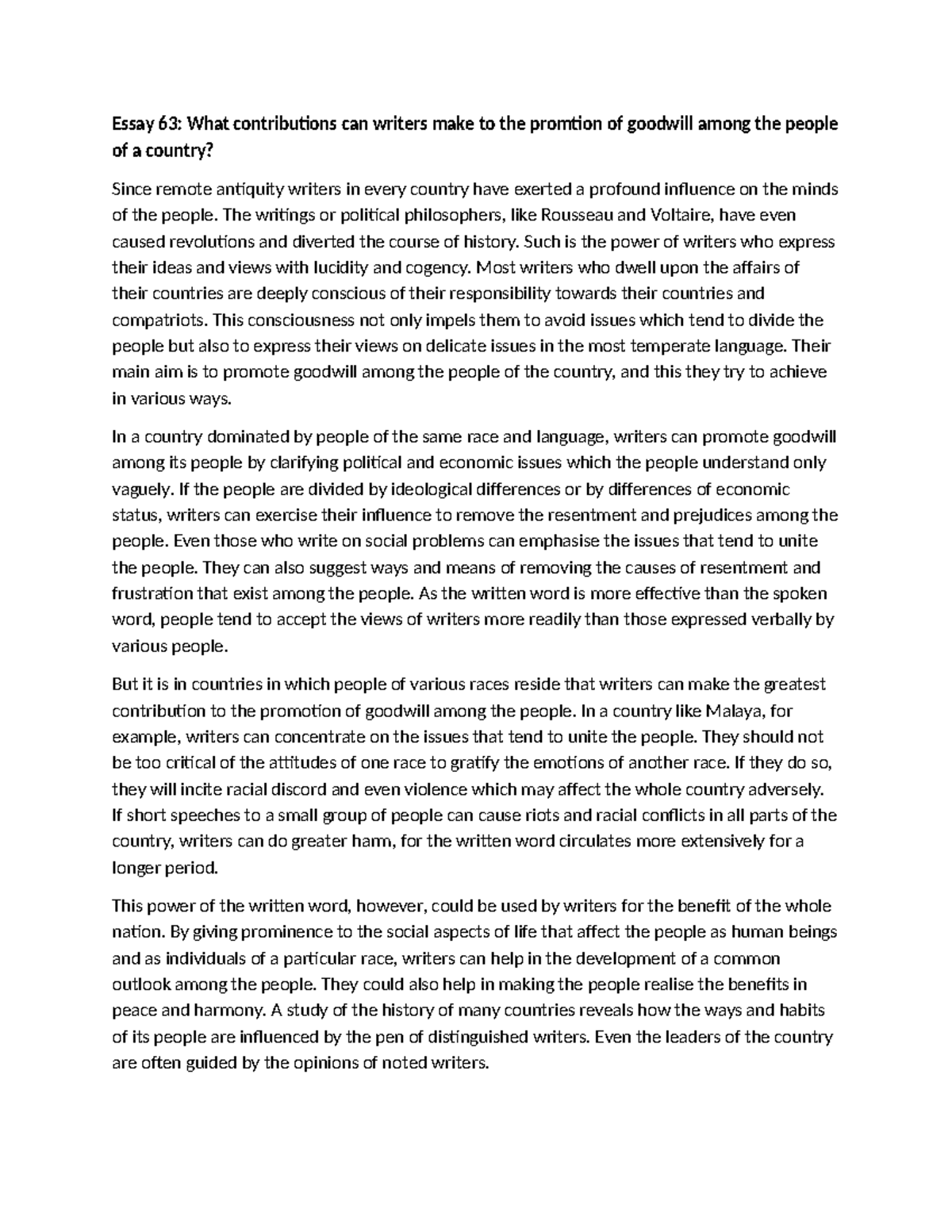 Essay 63: The Role of Writers in Promoting Goodwill Among Nations - Studocu