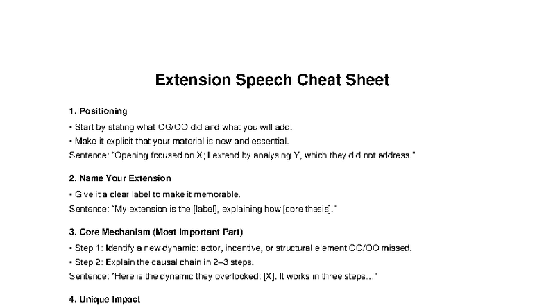 Extension Speech Cheat Sheet: Key Strategies for Effective ...