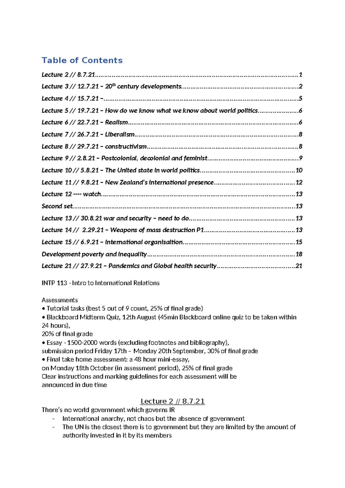 INTP 113 Final Lecture Notes: Key Concepts in International Relations ...