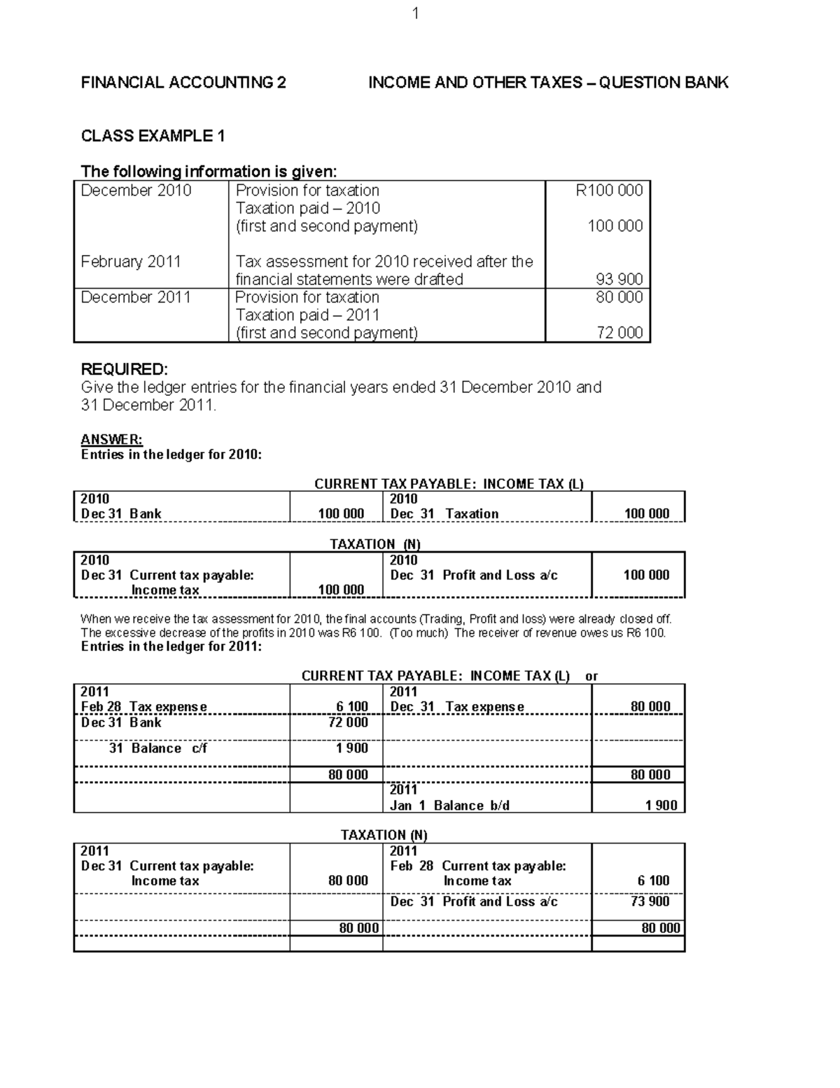 Taxation Question Bank: Income Tax Ledger Entries & Assessments (FIN ...