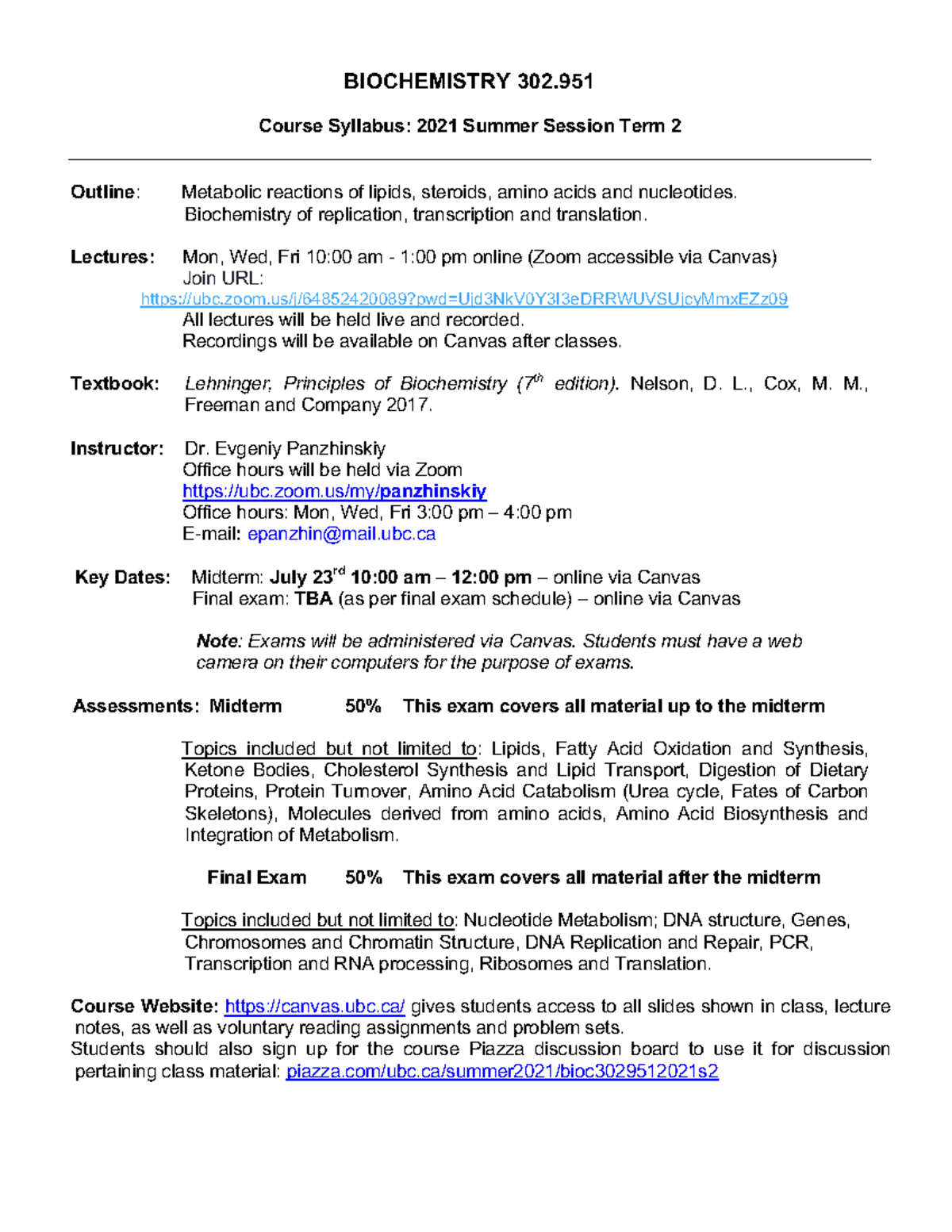 BIOC302 951 2021S2 Course Outline and Lecture Schedule - Studocu