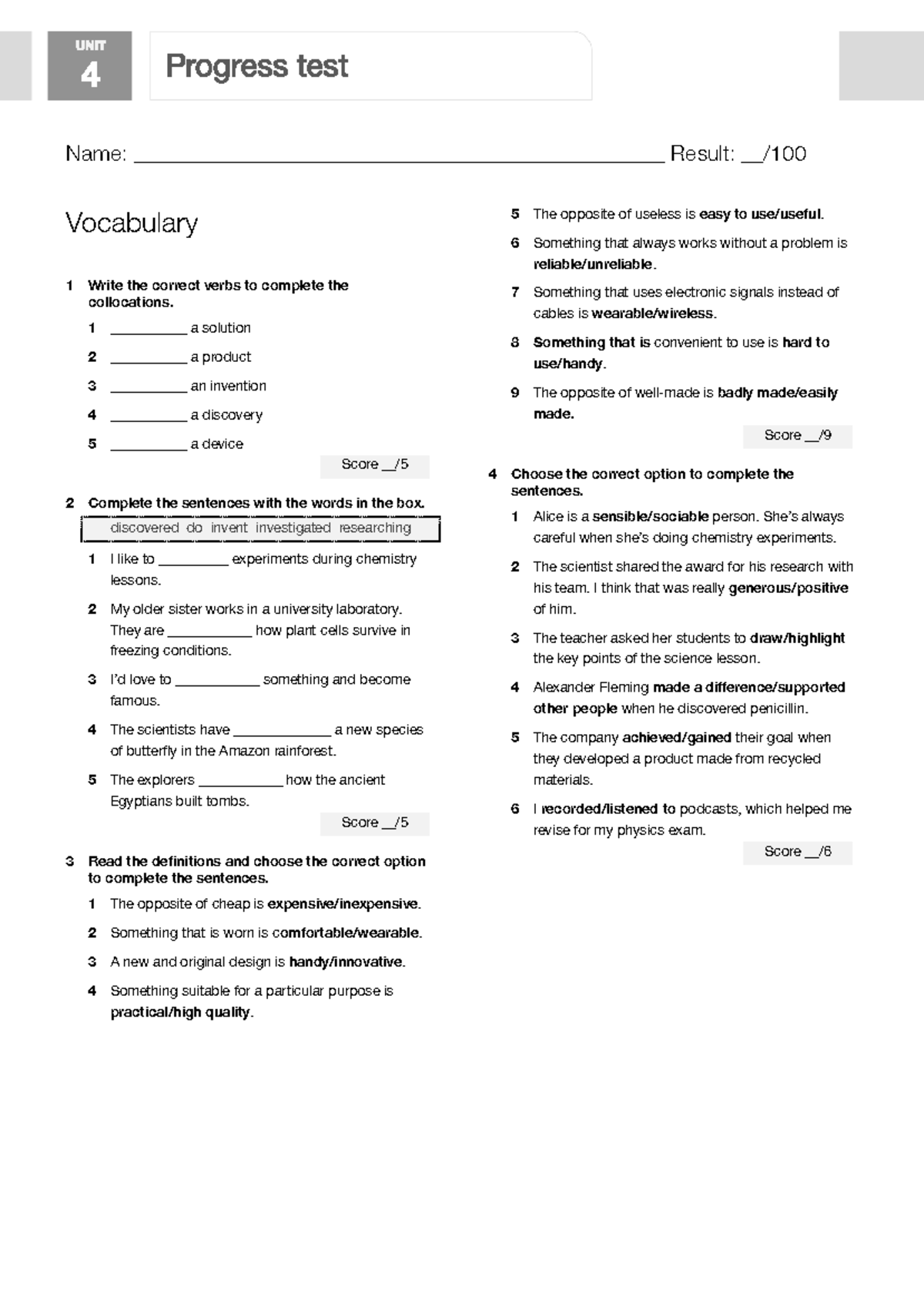 L3 B1 U4 Progress Test: Vocabulary and Sentence Completion - Studocu